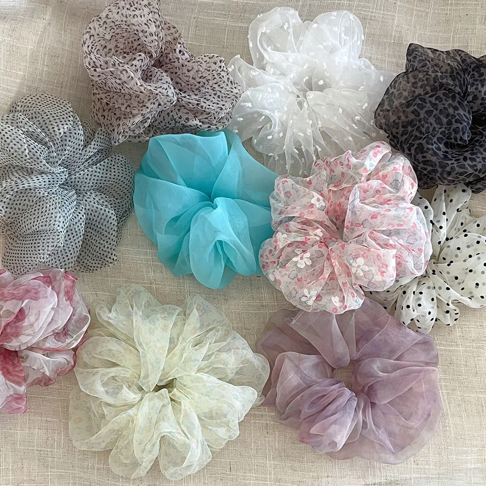 Frühling Sommer Spitze Mesh Blumen-Punkt Scrunchies Große Flauschige Tüll Haargummis für Frauen Feenhafter Boho Elastischer Haarband für Dickes Haar