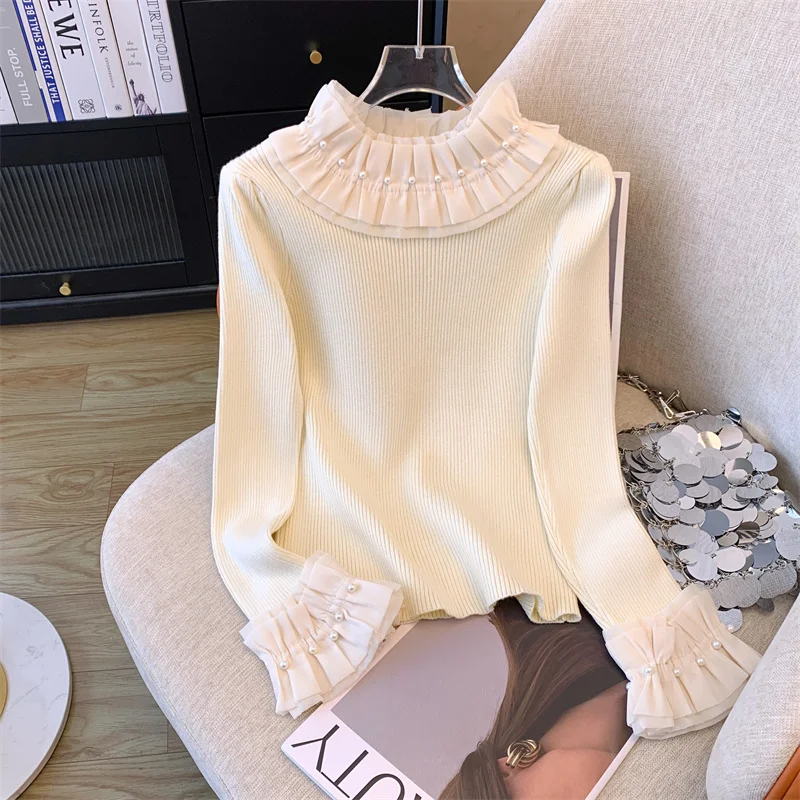 Pearl Beaded Ruffled Collar Slim Fit Sweater Knitwear Women Stylish Elegant Chic Ladies Tops 2024 Autumn Long Sleeve Jumpers