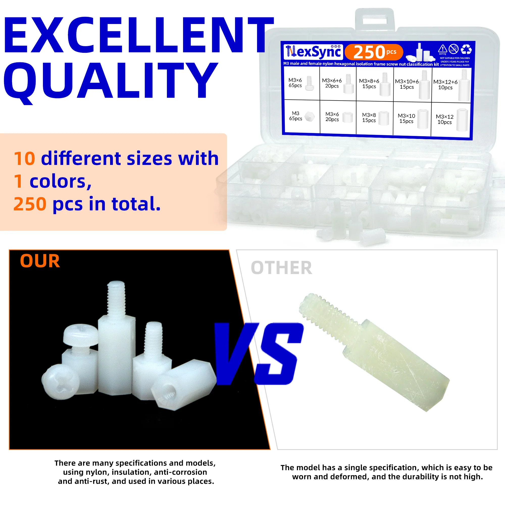250 ชิ้น/กล่อง M3 พลาสติกสีขาวไนลอนฉนวน Hex Standoff หกเหลี่ยมเสา Spacer คอลัมน์สกรู Nut ขนาดผสมชุด Assortment ชุด