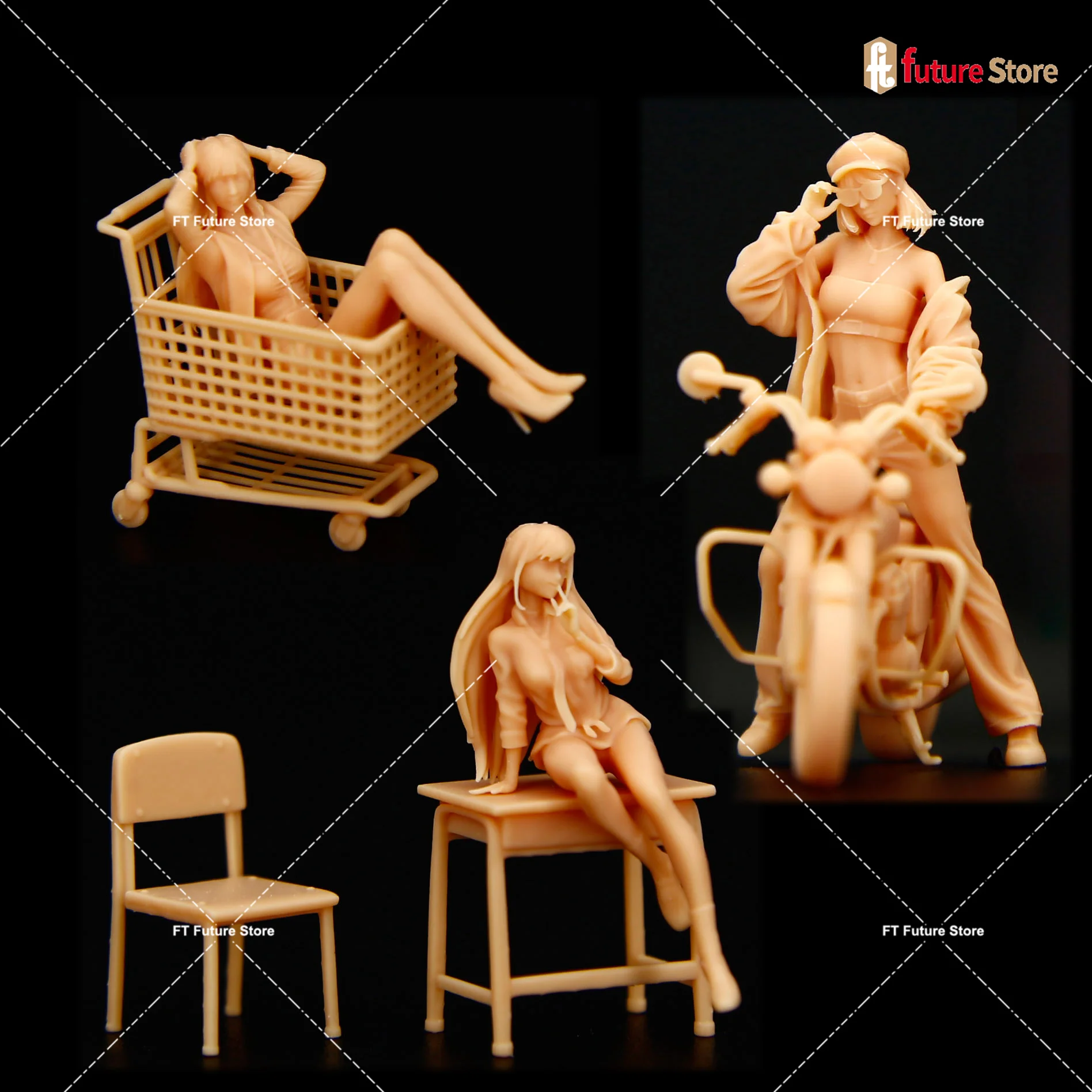 

1/64 1/43 Beautiful Girl Sit On Table Lying In Shopcart Ride Motorcycle Figure Miniatures Diorama Creative Mini Doll Scene Props