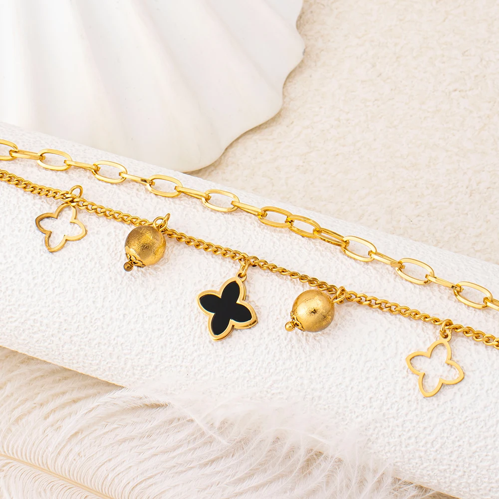 Charm-Armband Dubai Vergoldeter Edelstahl Schwarze Emaille Ineinandergreifende Kette Stern-Motiv Glücksbringer Schmuck-Accessoires 5-teiliges Set – Detail 21