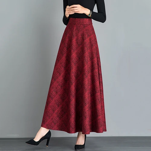 Imagen 1 del producto Nuevo Mujeres falda larga de lana Otoño Invierno Moda Elástico de cintura alta Una línea Mezcla de lana falda a cuadros Vintage Elegante Falda