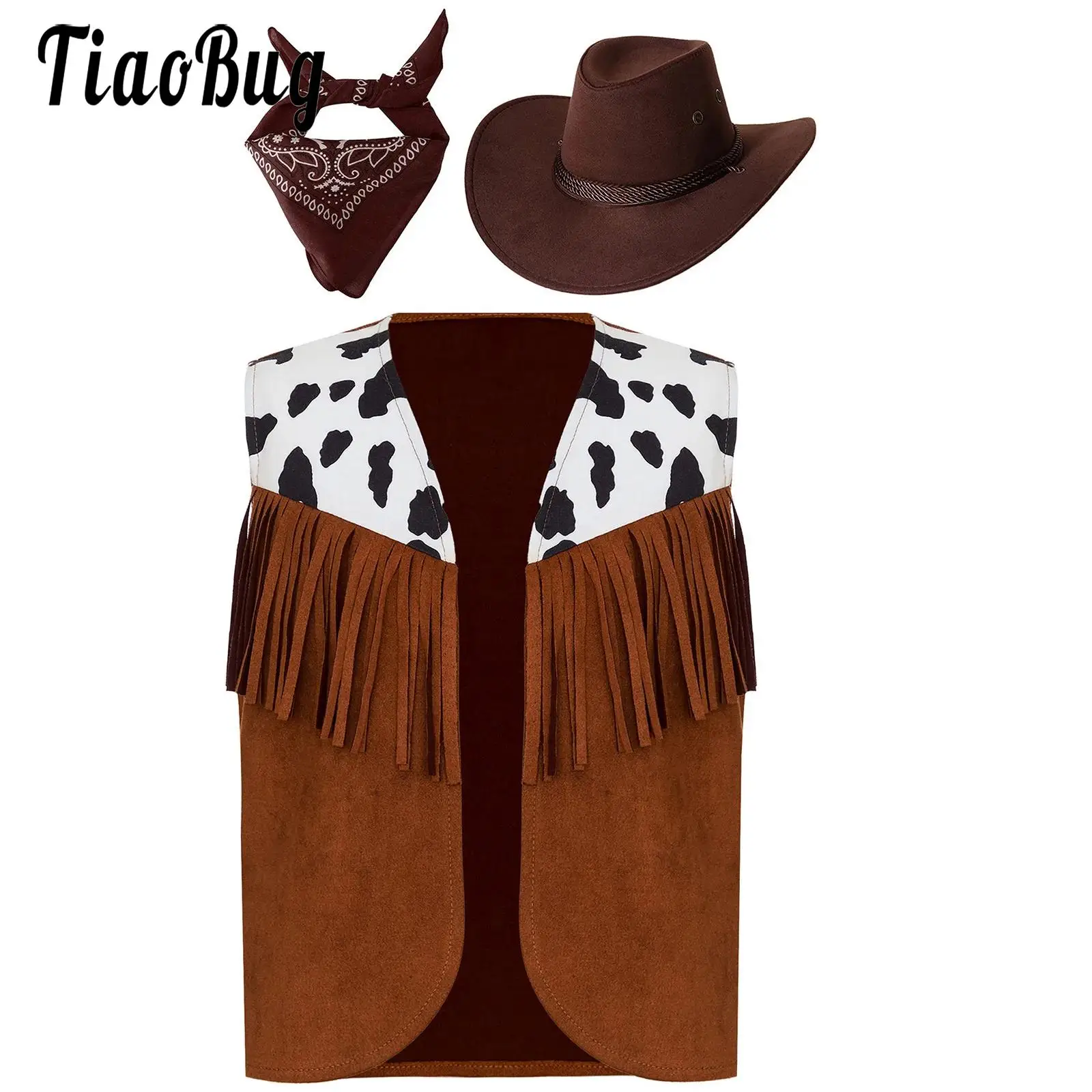 

Boys Girls Halloween Cowboy Costume Western Cowboy Dress Up Outfit Cow Print Fringe Waistcoat and Cowboy Hat and Bandanna Set