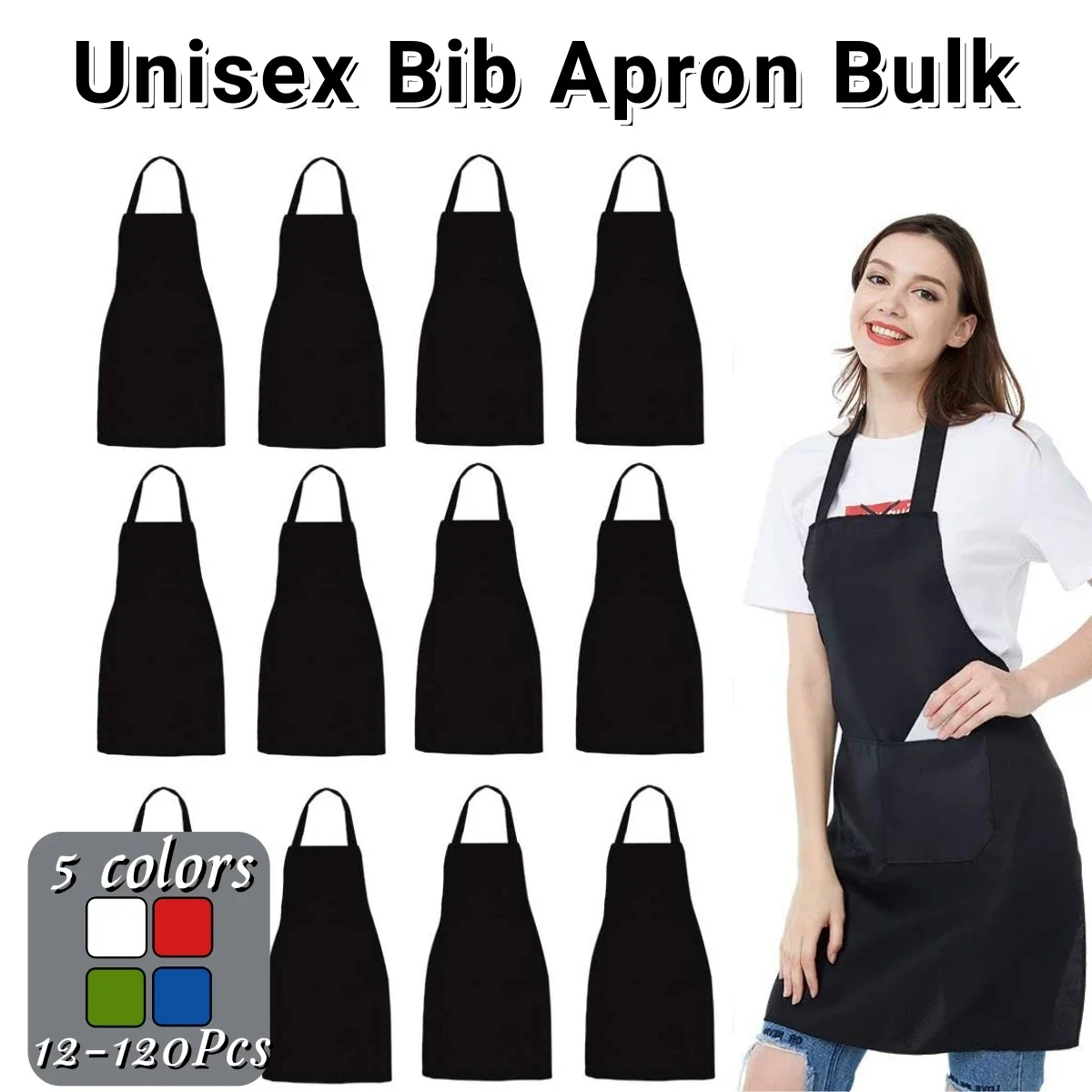 12-120Pcs Bib Aprons with 2 Pockets Unisex Cotton Chef Apron Kitchen Aprons Painting Sewing Christmas Cookie Party Server Aprons