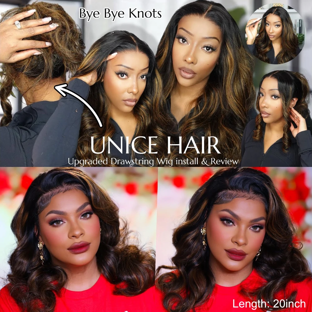 UNICE Hair Upgrade Drawstring Balayage Body Wave Wig 7x5 Pre Cut Pre Bleached Lace Front Human Hair Glueless Wig 150% Density