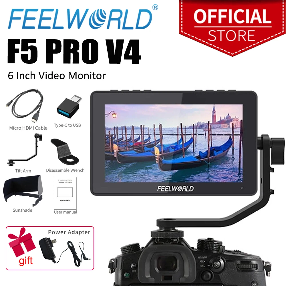 FEELWORLD F5 Pro V4 6 Inch 3D LUT 4K HDMI Touch Screen DSLR Camera Field Monitor Power Output F970 Install and Power Kit