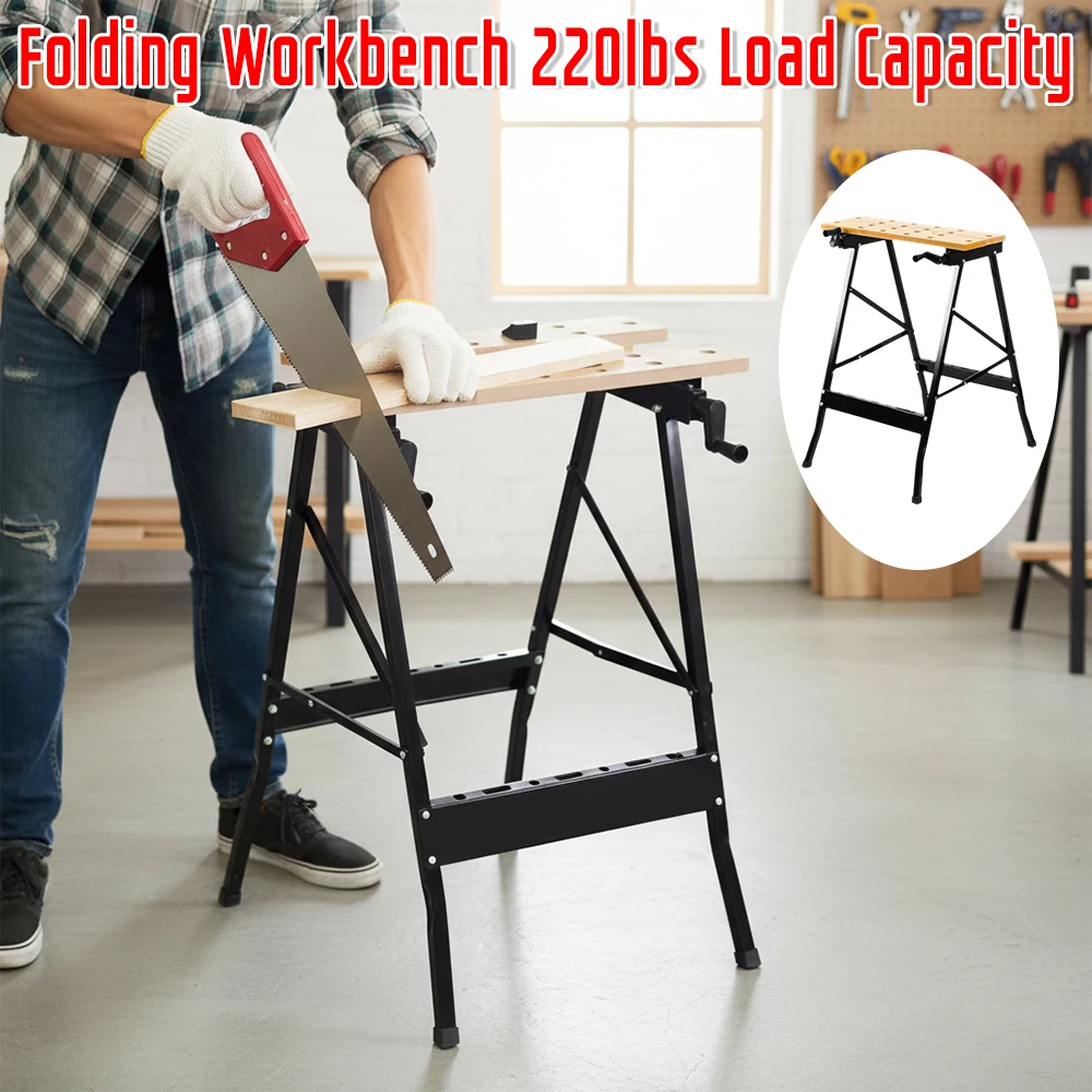 Adjustable Folding Workbench 220lbs Load 4 Bench Dogs Vise Table with Built-in Ruler Protractor for Woodworking Garage DIY New ﻿