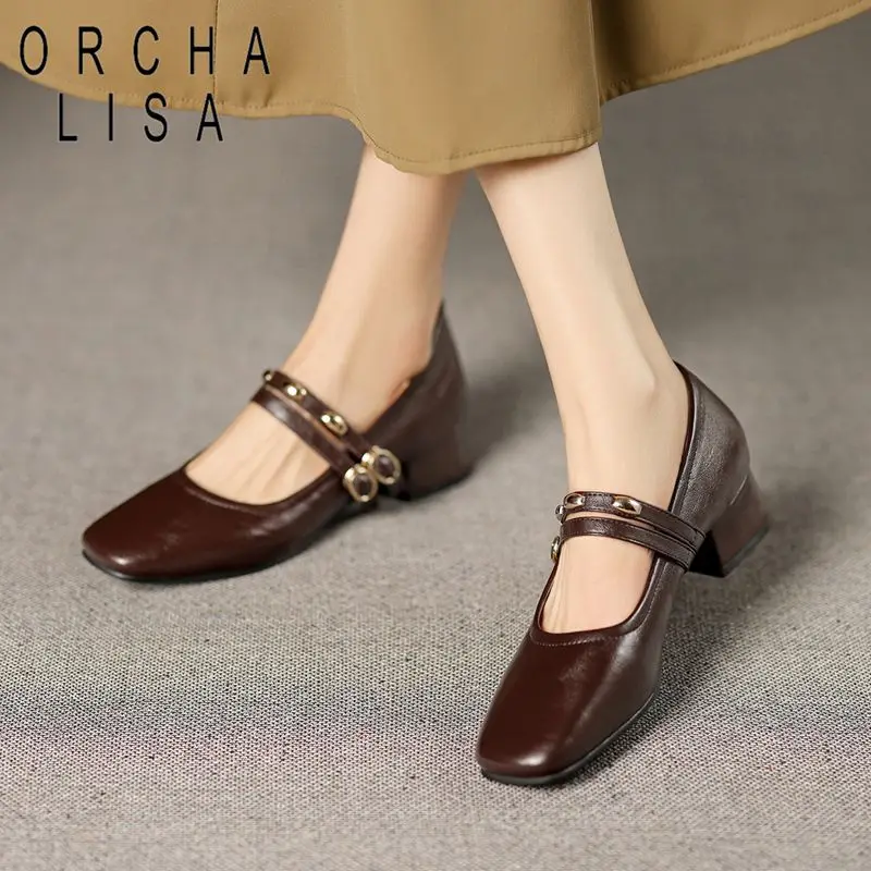 

ORCHALISA Женские туфли-лодочки с квадратным носком, двойной пряжкой, массивным каблуком 3 см, большие размеры 40, 41, 42, 43, офисные туфли Мэри Джейн, осенние