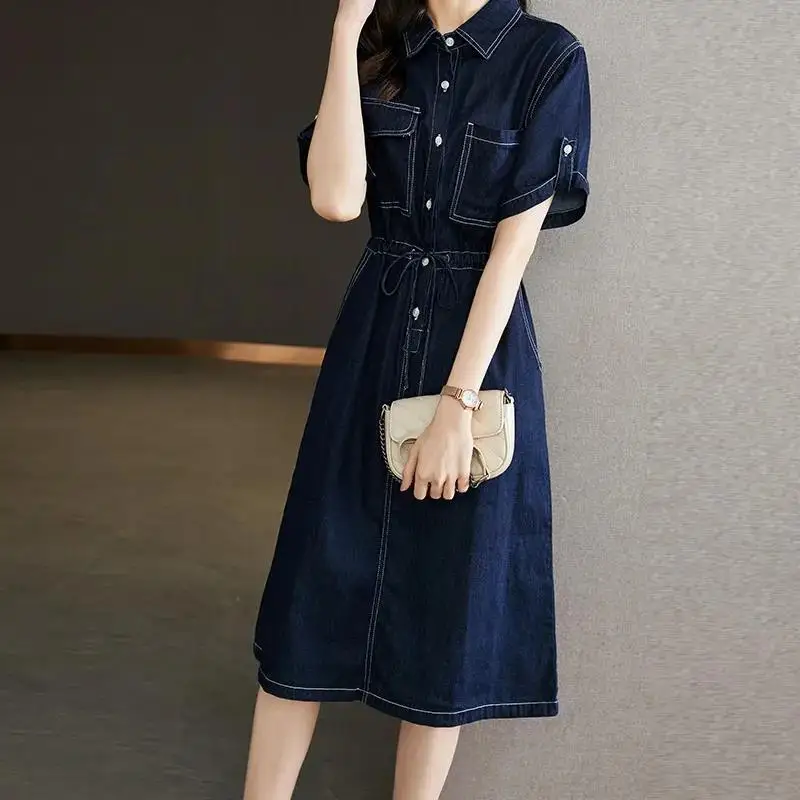 

Female Clothing Korean Denim Dresses A-Line Waist Summer New Fashion Drawstring Basic Turn-down Collar Button Vintage Midi Dress