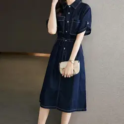 Female Clothing Korean Denim Dresses A-Line Waist Summer New Fashion Drawstring Basic Turn-down Collar Button Vintage Midi Dress