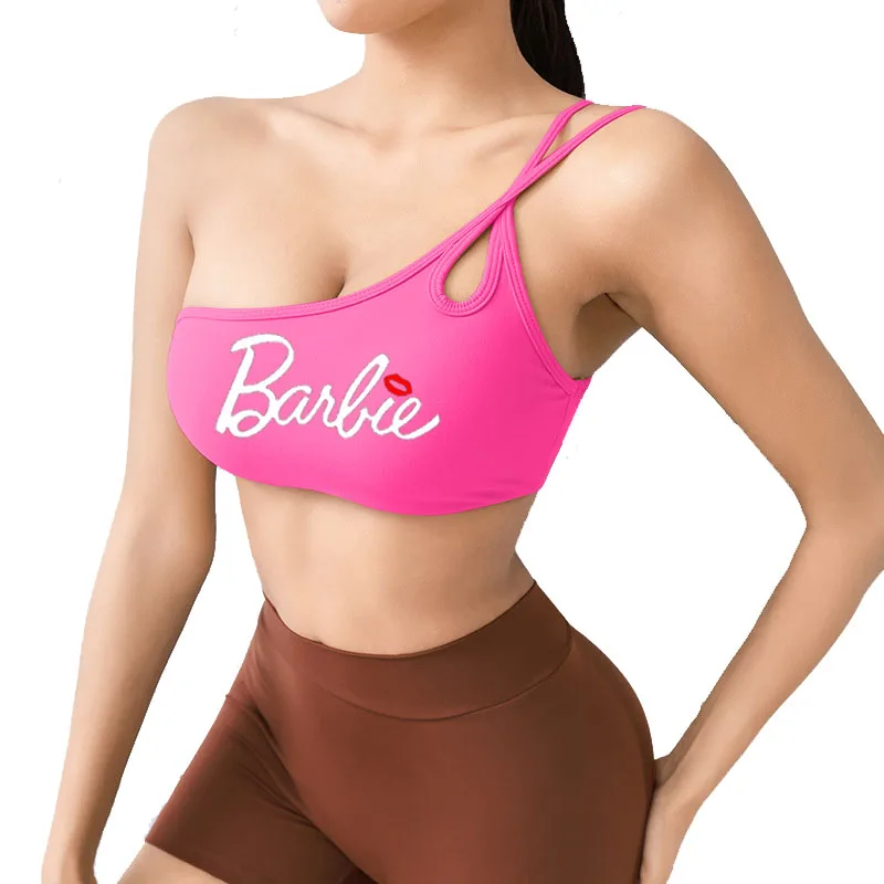 European American Barbie Printed One-Shoulder Strap Bra Vest for Women Shock-Proof Push-Up Yoga Fitness Sports Vest for Women