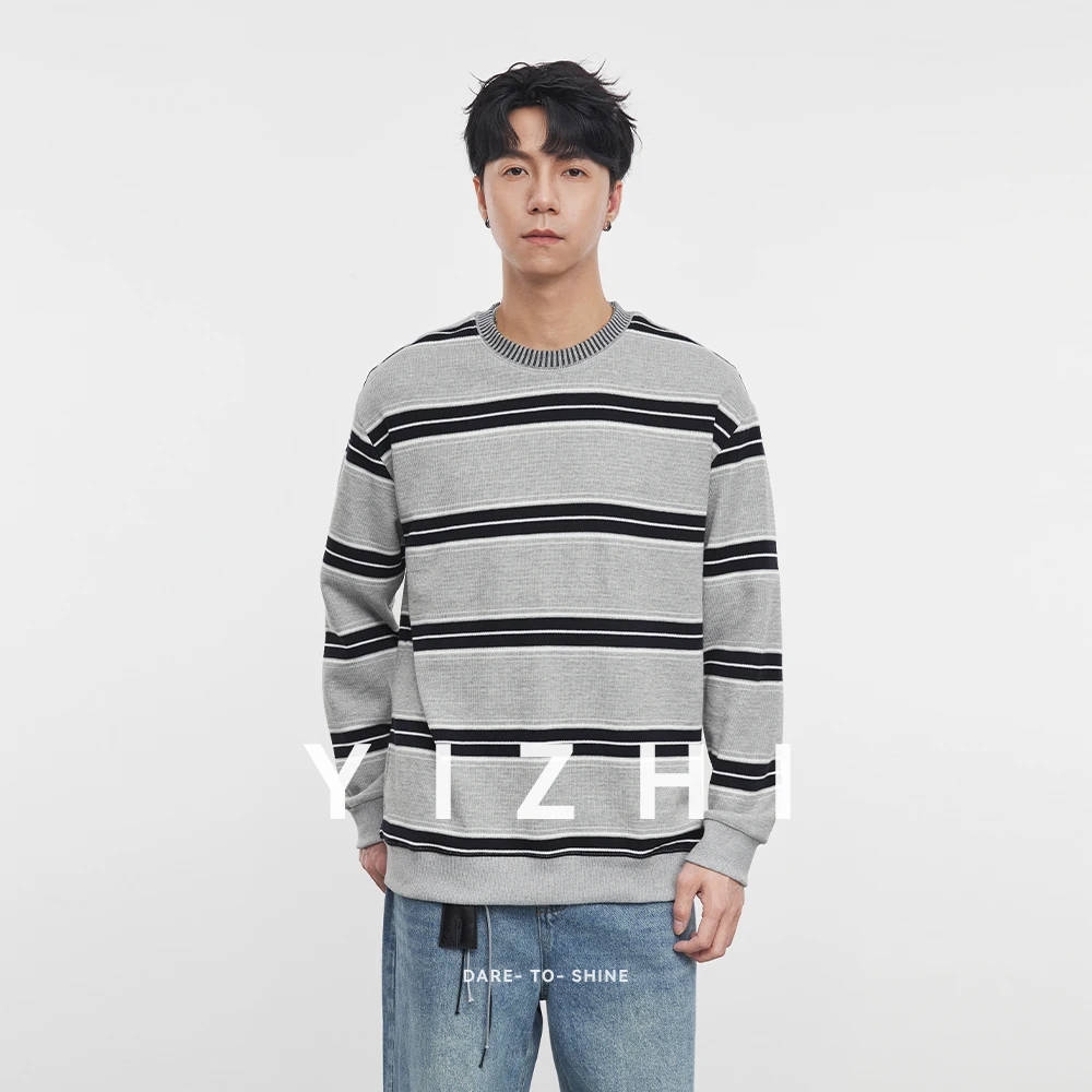 

Fashion Men's Heavy Round Neck Striped Long Sleeve Sweatshirt 2025 Autumn and Winter Casual Loose Long Sleeve Top Men's Pullover