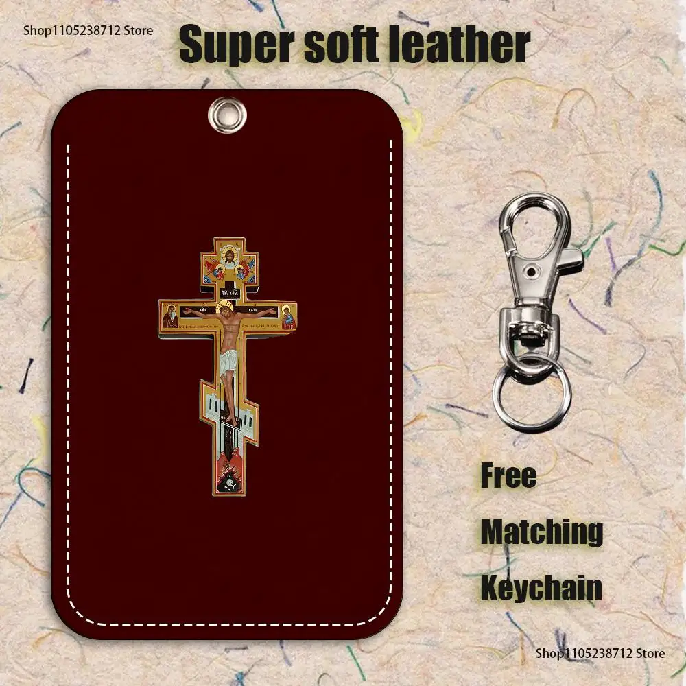 エルサレムクロス柄 1個入り PUレザー カードホルダー キーホルダー キーリング ドアロック アクセスタグ IDカードケース キーホルダー カード