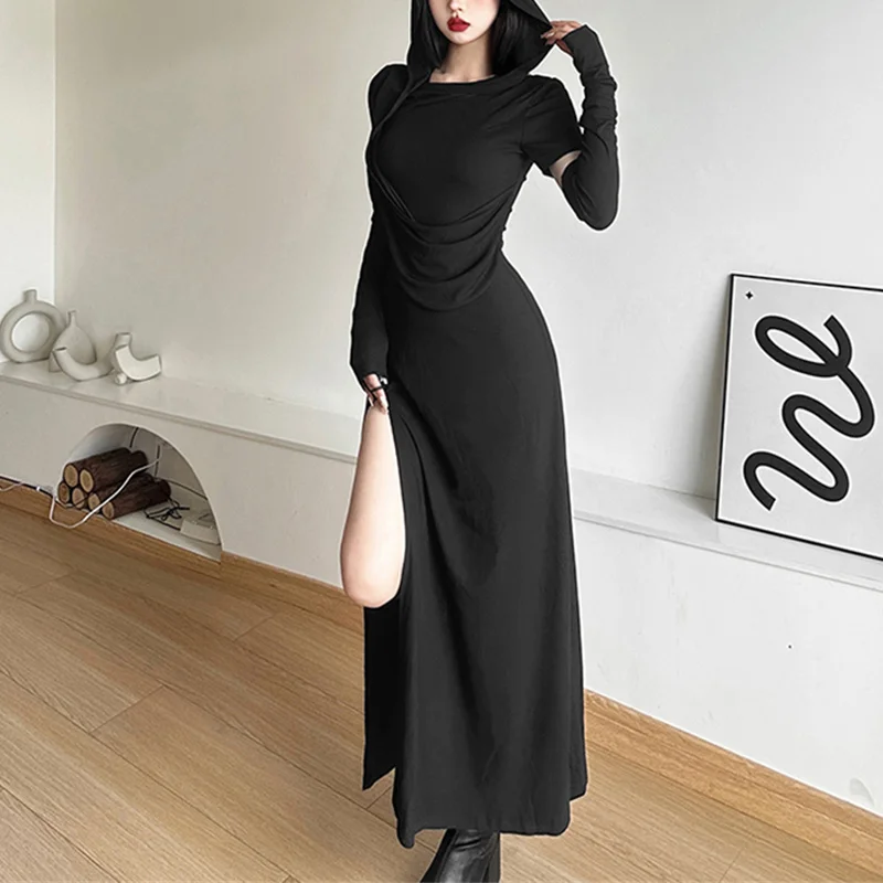 Xingqing Wasteland Dress Women y2k Clothes Solid Color Long Sleeve High Split Hooded Dress Halloween Party Dresses Streetwear