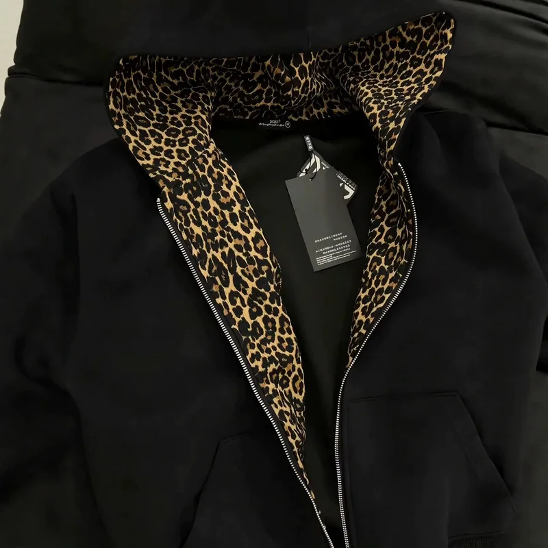 QICHE 2026 Men American Vintage Pullover Zip Up Hoodie Contrast Spliced Leopard Lining Clean Fit Autumn Casual Jacket view 2