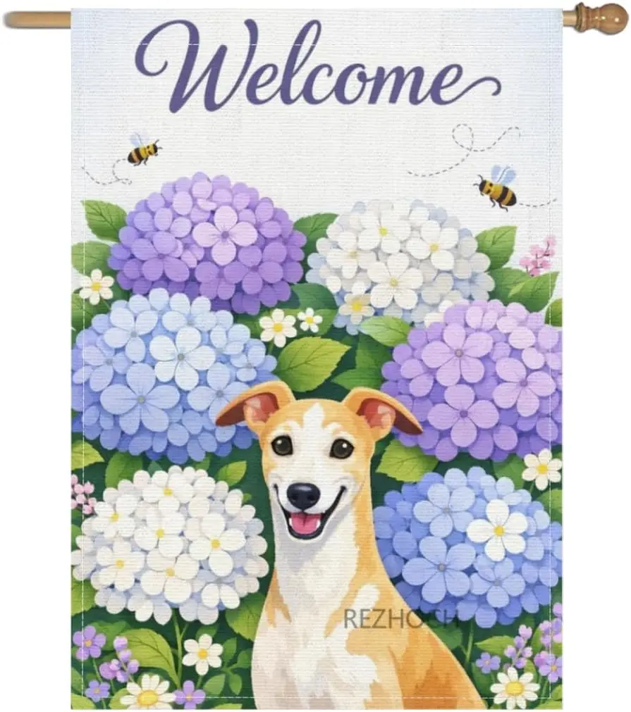 Welcome Dog Garden Flag 28x40Inch,Funny Greyhound Purple Hydrangea Floral Spring Summer Yard Flag,Cute Animal Double Sided O AAS