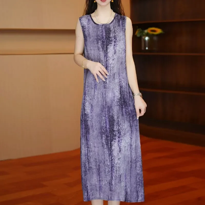 Women's Vintage Print Round Neck Gradient Dress Summer Versatile Casual Dress