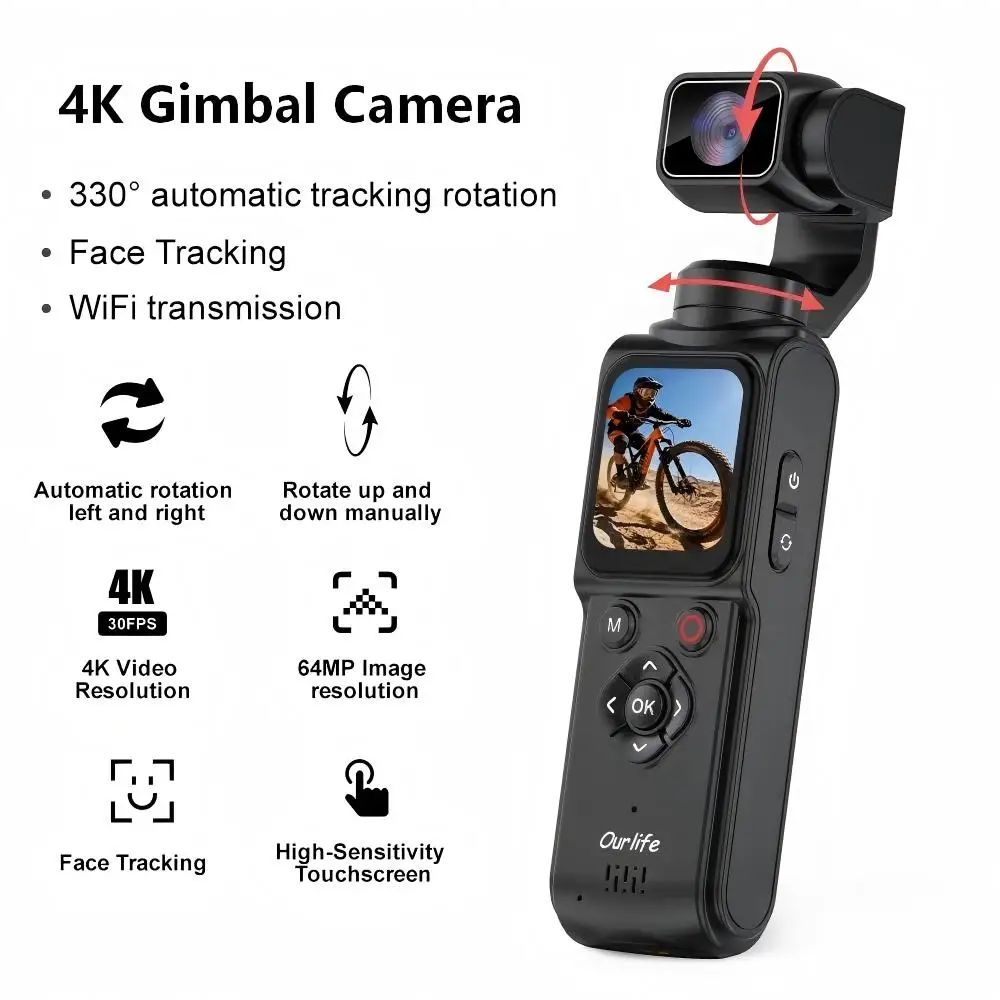 4K Gimbal Camera Vlog Pocket Cam with 330° Face Tracking, 18x Zoom, WiFi, 2400mAh Battery–Handheld Stabilizer for YouTube,TikTok