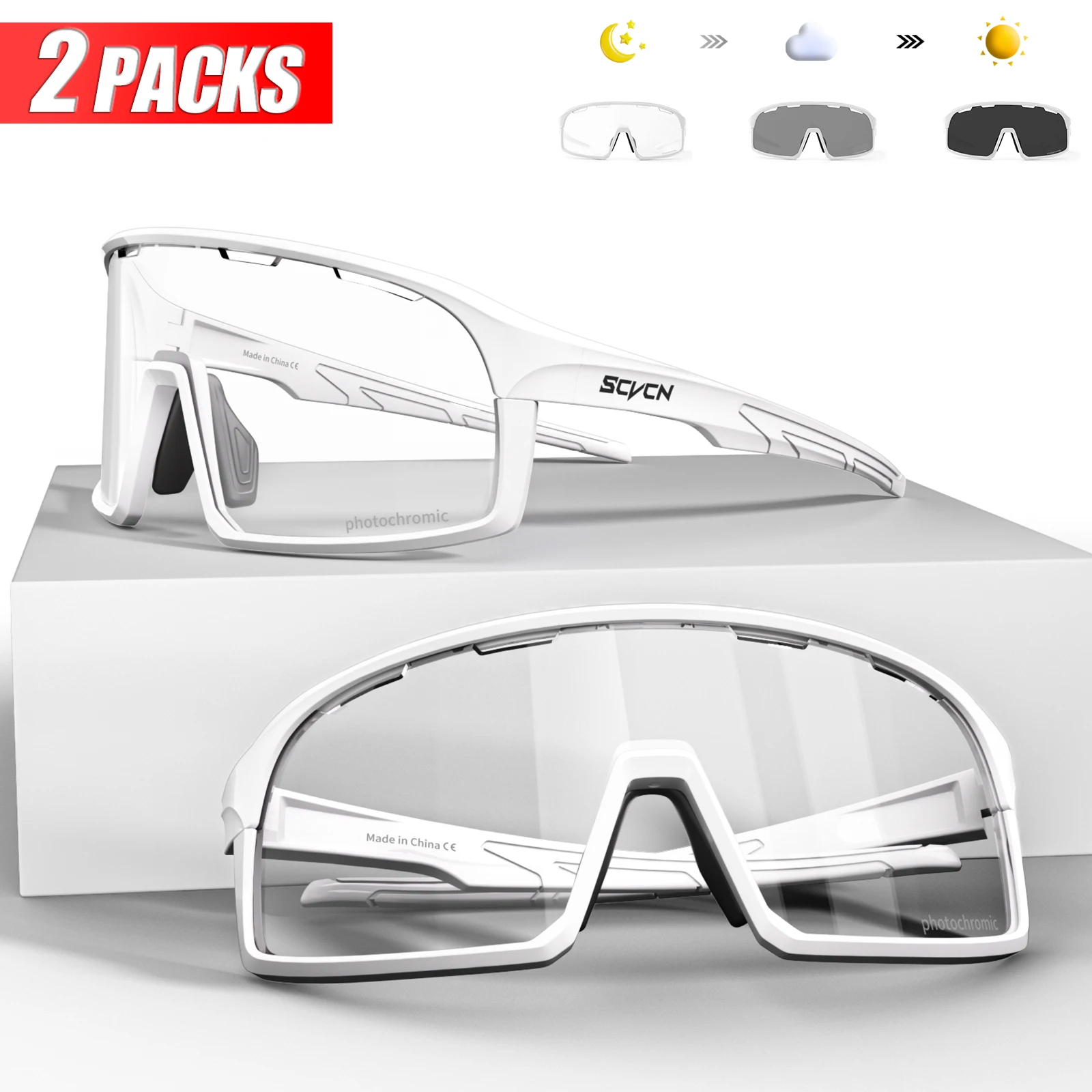 SCVCN Outdoor Photochromic Cycling Sunglasses Mtb Bicycle Cycling Glasses Bike Men Women Sport Eyewear UV400 Goggles 2 Packs