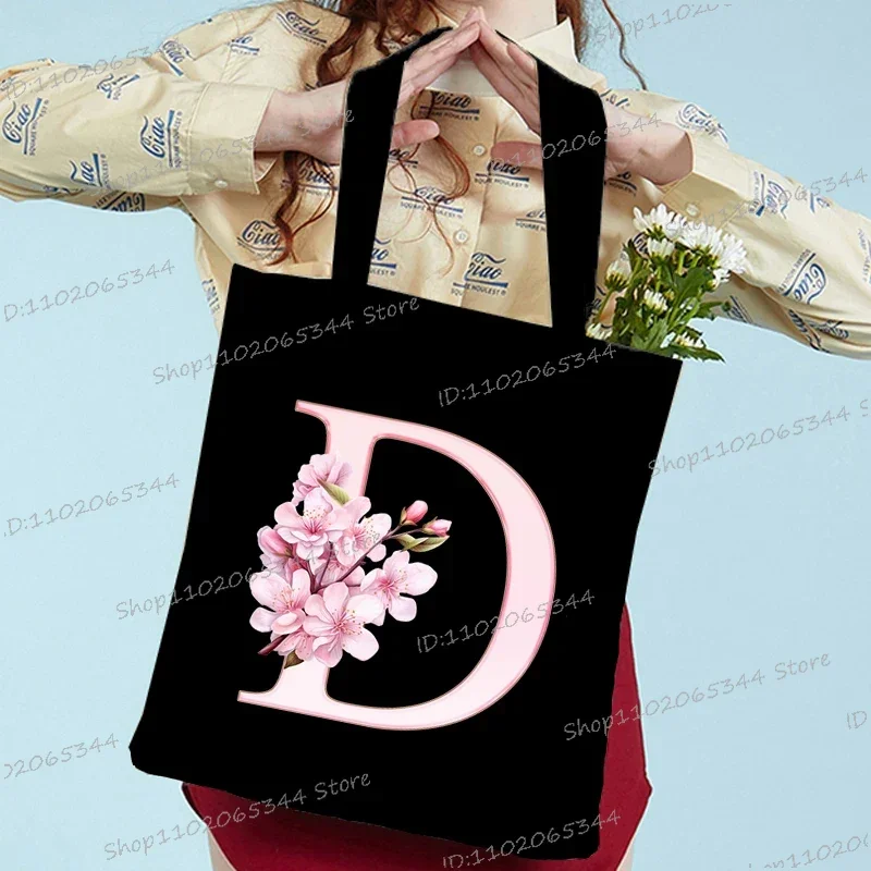 Sakura Letter Series Shoulder Bag Vintage Aesthetics Alphabet Women Tote Bag Students Large Capacity Storage Books Canvas Bag