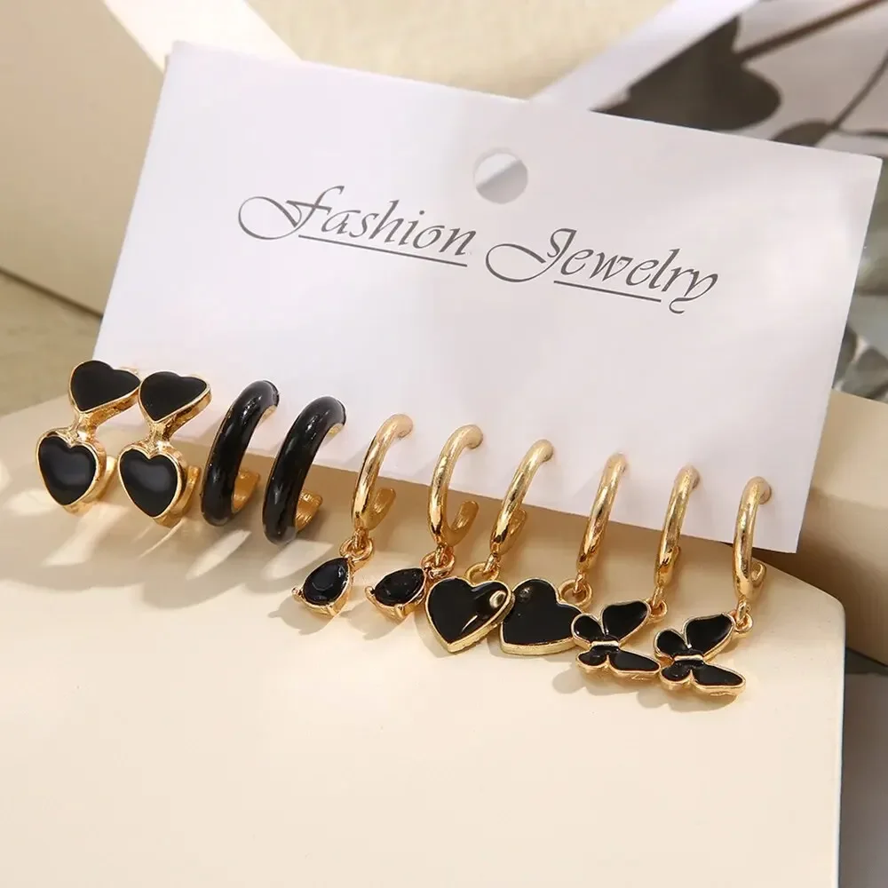 Simple 11 Pcs Black Heart Leaf Butterfly Earrings Set for Women Fashion Temperament Hoop Earring Holiday Wedding Jewelry Gift