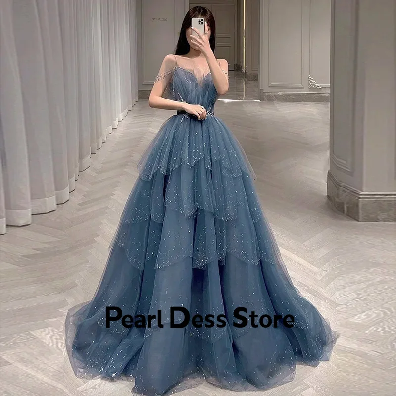 Sky Blue Elegant Evening Dress Woman Beads Elegant Party Dresses for Women Luxury Prom Dress 2024 Layered Line A