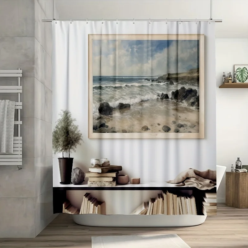 

Занавеска для душа Ocean Waves, прочный полиэстер, легко чистится, с крючками для декора окна ванной комнаты, пляжная тема