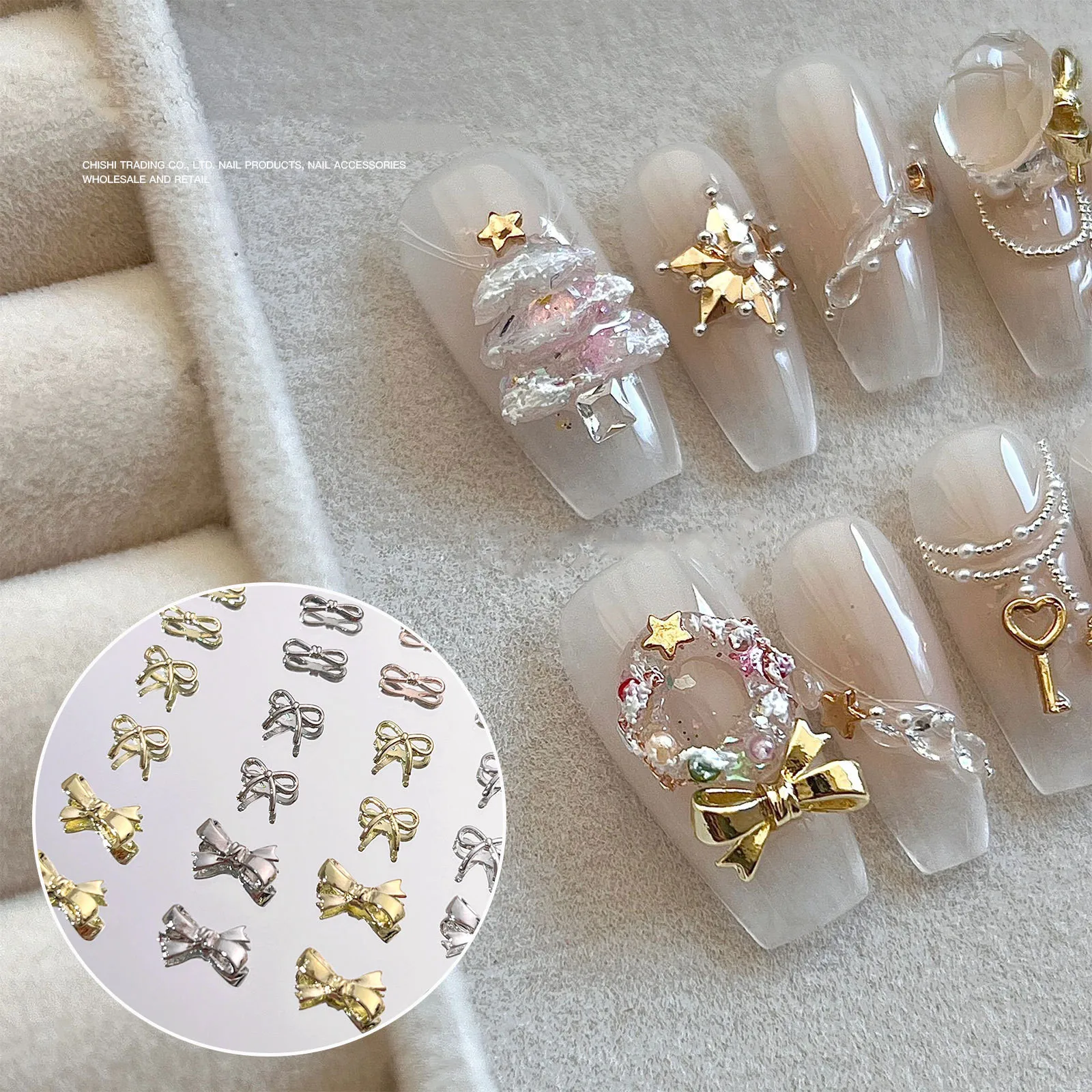 10PCS 3D Silver Gold Butterfly Jewelry Nail Art Studs Fashion Women Nail Charms Bowknot Heart Nail Rhinestones Manicure Decorate