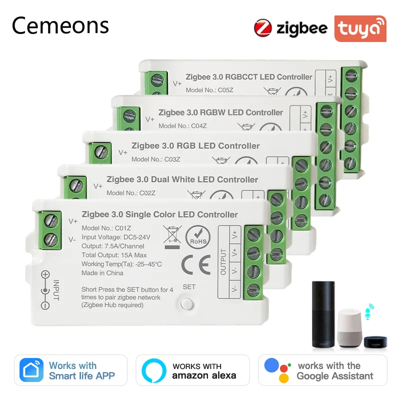 Zigbee 3.0 LED 컨트롤러 DC5V-24V, 단색 CCT, RGB, RGBW, RGBCCT, LED 스트립, 색조 브리지, 투야 게이트웨이, 스마트 음성 제어, 2.4GHz