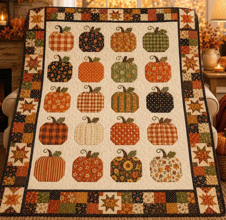 Pumpkin Quilt Blanket, Fall Throw, Autumn Farmhouse Bedding, Thanksgiving Decor, Cozy Cottagecore Gift for Her Mom Blanket