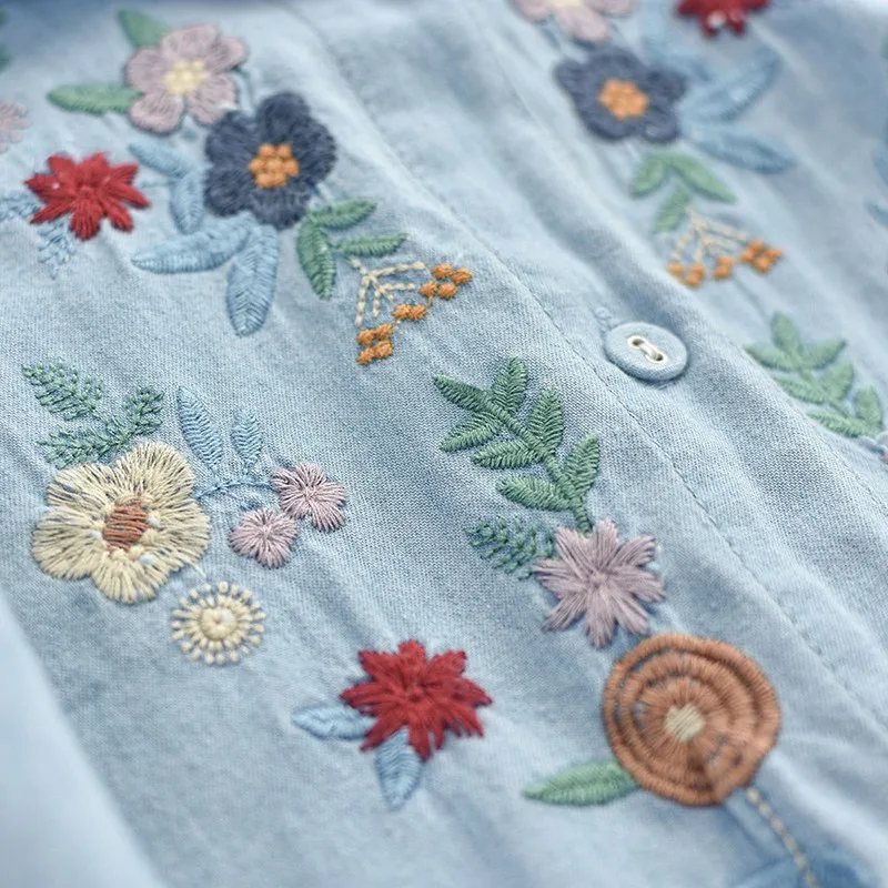 New Arts Style Spring Autumn Women Long Sleeve Turn-down Collar Cotton Denim Shirts Flower Embroidery Vintage Blouse Tops C717