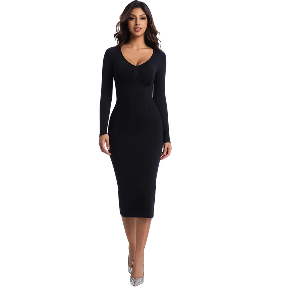 Becirzet Elegantes Damen-Maxikleid, Figurbetont, Langarm, Formende Unterwäsche, Übergröße – Detail 9