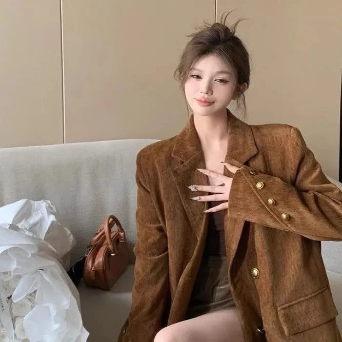 

Black Double breasted Suit Jacket For women 2026 New Fashion Design sense Loose Thicken Temperament Suit Coat Lady Casual Top