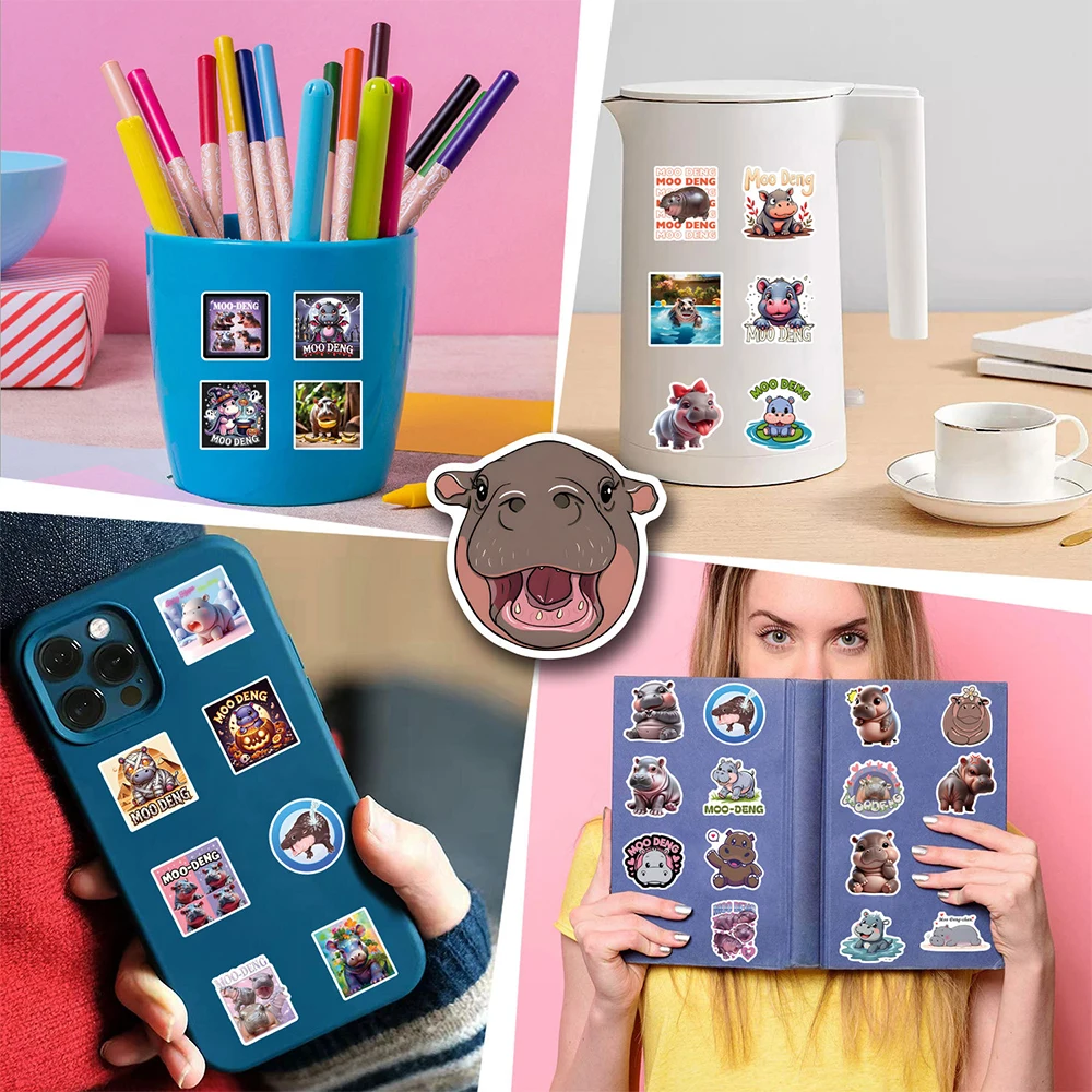 Autocollants graffiti mignons Moo Deng pour enfants, décalcomanies amusantes, dessin animé petit hippopotame, jouet de bricolage, ordinateur portable, vélo, téléphone, cadeaux Kawaii, 10 pièces, 30 pièces, 50 pièces