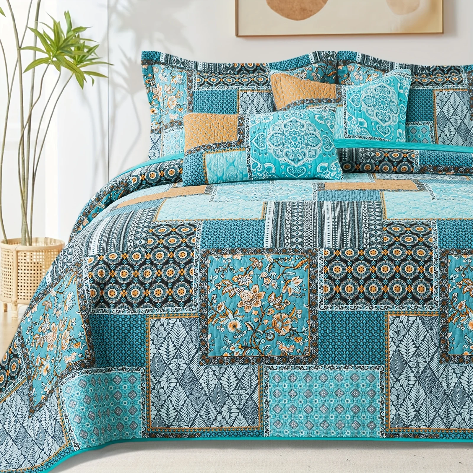 3pcs Cotton Comforter Set Queen King for Bed, Teal Farmhouse Quilt Bedding Reversible Coverlets Coverlet Sets Boho Oversized King Size Bedspread Set for Room Decor for All Season