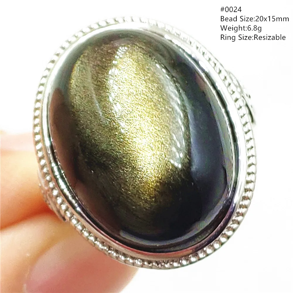 Natural Gold Obsidian Flash Adjustable Ring Crystal 925 Sterling Silver 20x15mm Woman Gold Obsidian Ring Oval Jewelry AAAAA