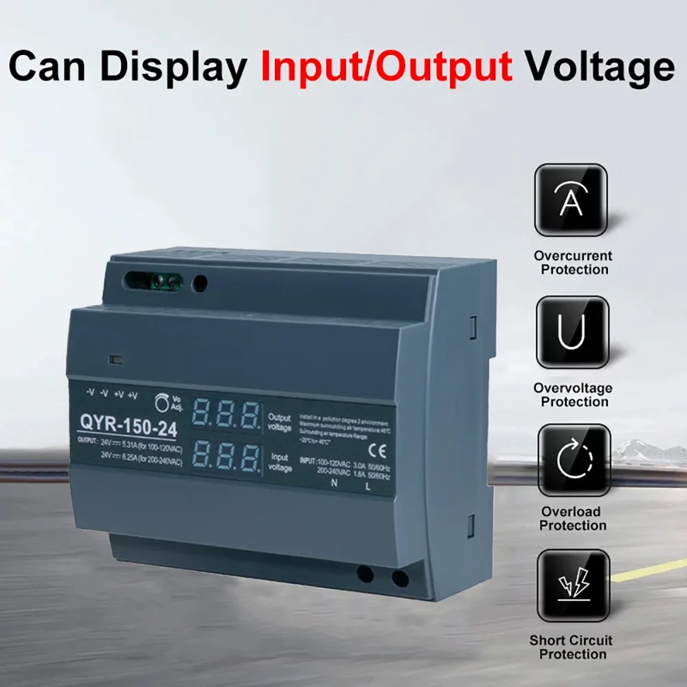 Cloweit New DIN Rail Switching Power Supply QYR-150W  AC-DC 12V 24V With Digital Display Industrial for LED Light Strip
