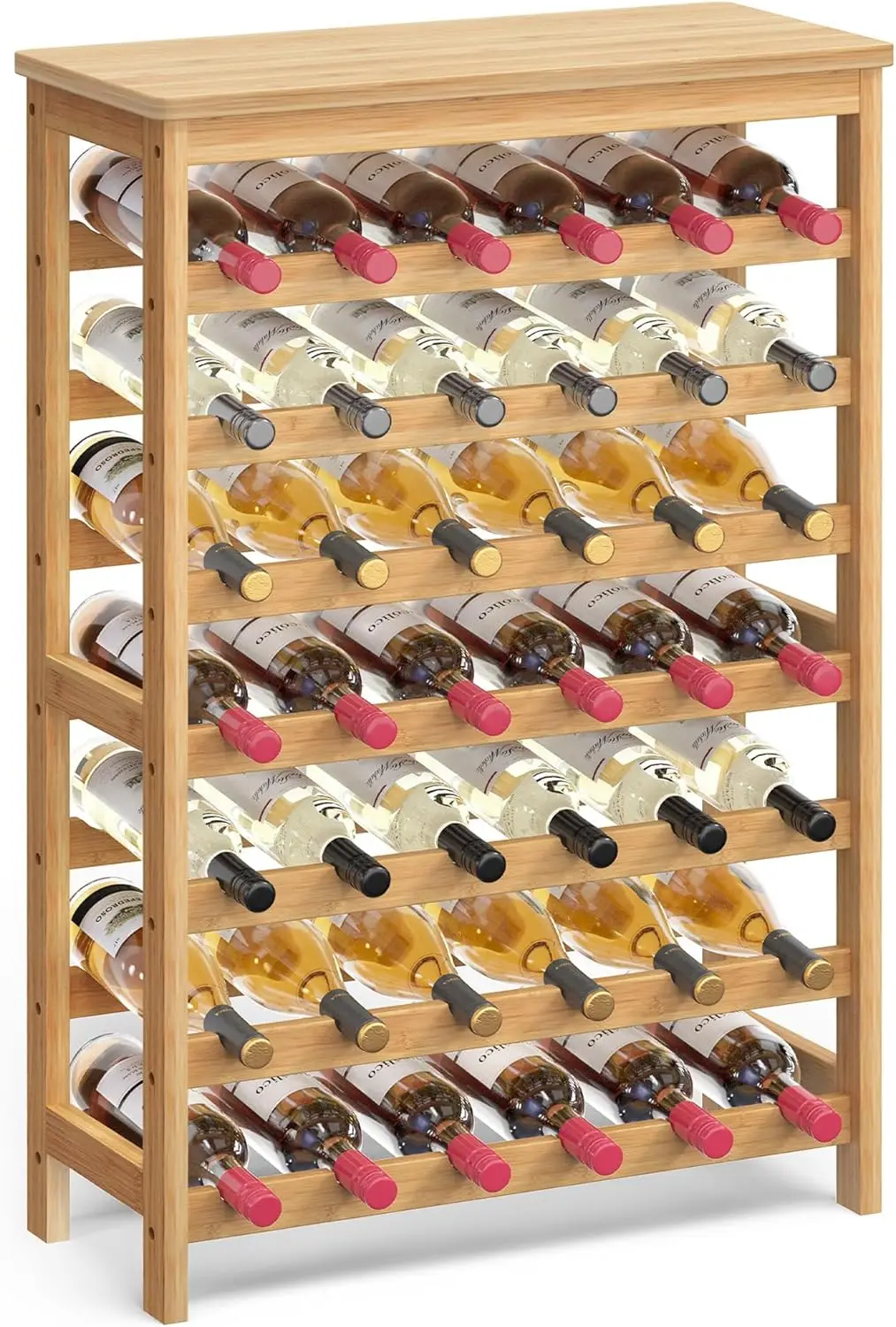 

7-Tier Bamboo Wine Rack with Table Top, Free-Standing Floor Display for Kitchen Bar Dining Room, Natural Finish
