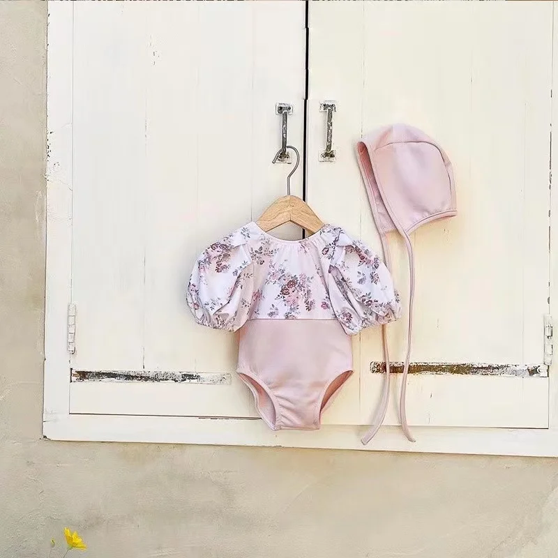 One-Piece Puff Sleeves Swimsuit for Little Girl, Soft Silk Swimming Wear for Baby Girls, Pink Swimsuits with Free Swimwear Hat
