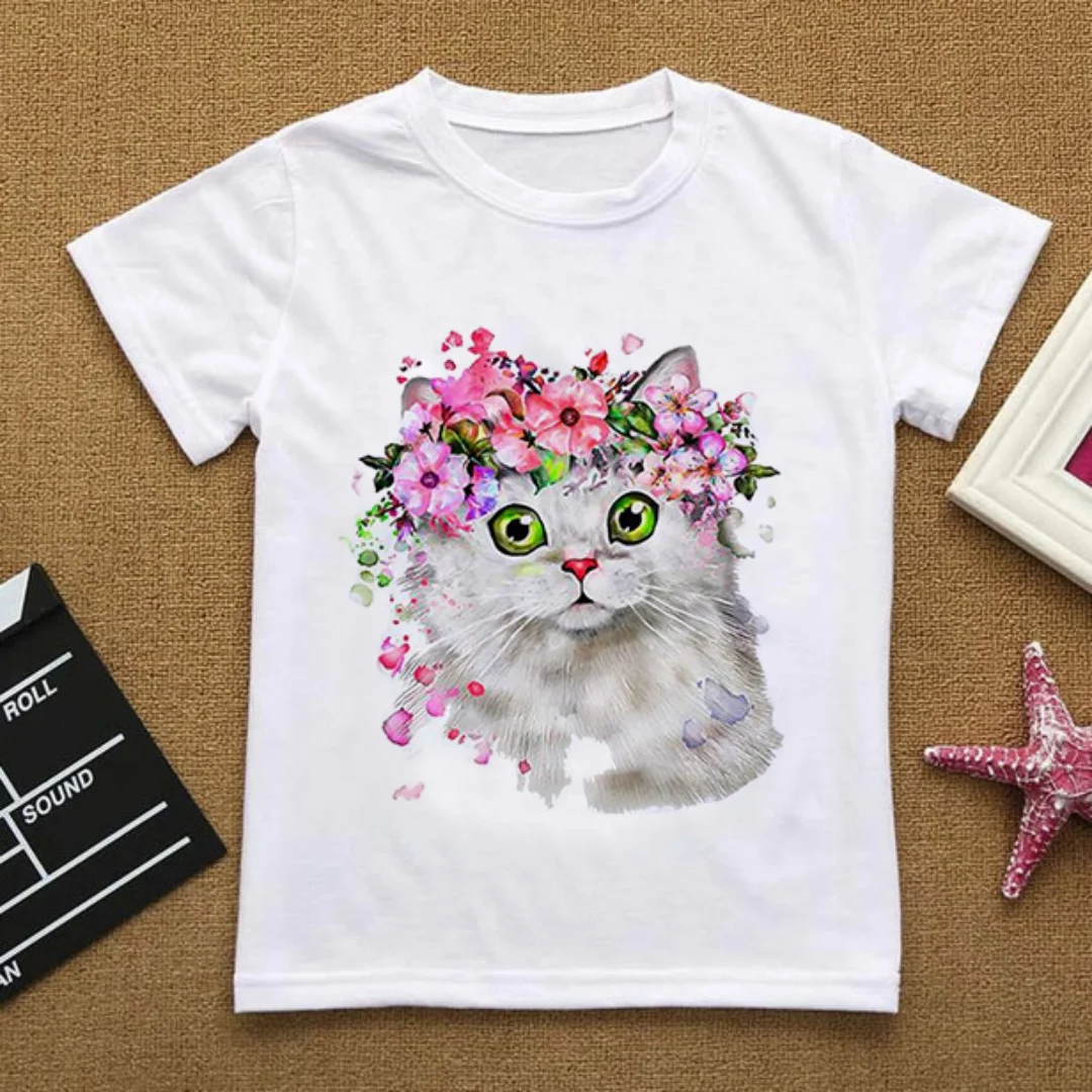زهرة ملابس الصيف أنا أحبك القط الكرتون تي شيرت الطفل الاشياء الملابس للفتيات تي شيرت الاطفال الفتيان الأبيض قصيرة الأكمام أعلى #2