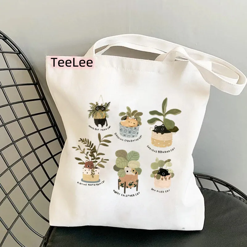 Cats Canvas Tote Bag Shopper Bag Animal Bee Handbag Fashion Casual Large Capacity Cute Cartoon Letters Printing Shoulder Bag