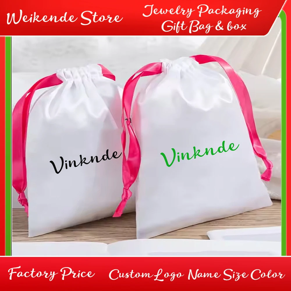 

New White Silk Satin Bag with Ribbon Drawstring Custom Logo 9x12cm Fashion Jewelry Necklaces Earring keychains Packaging Sack