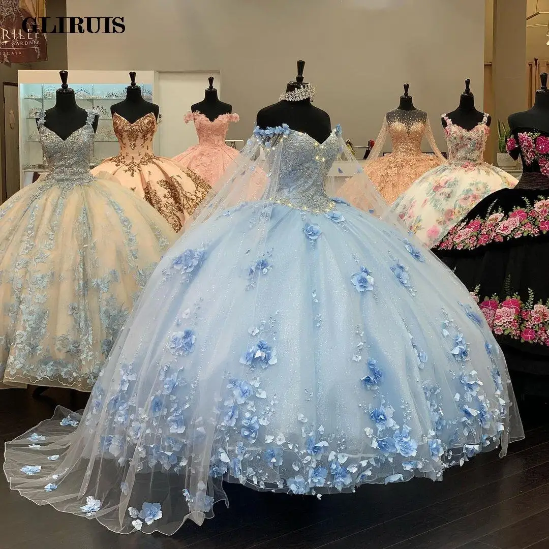 Pink White Princess Quinceanera Dress with Cape Wrap Appliques 2023 Sequins Flowers Party Sweet 16 Gown Vestidos De Customized