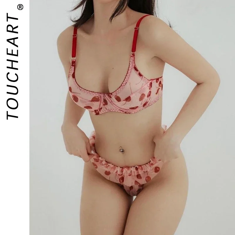 

Toucheart Sexy Printing Bra Set For Women Lace Tempting Three-point Sexy Lingerie Mesh Patchwork Micro Perspective Underwear Set