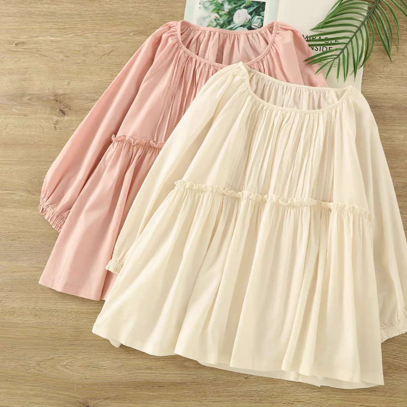 2026 Women's Square Neck Pleated Blouse, 100% Cotton Long Sleeve Ruffle Tiered Babydoll Top Loose Beige Pink Cottagecore Shirt