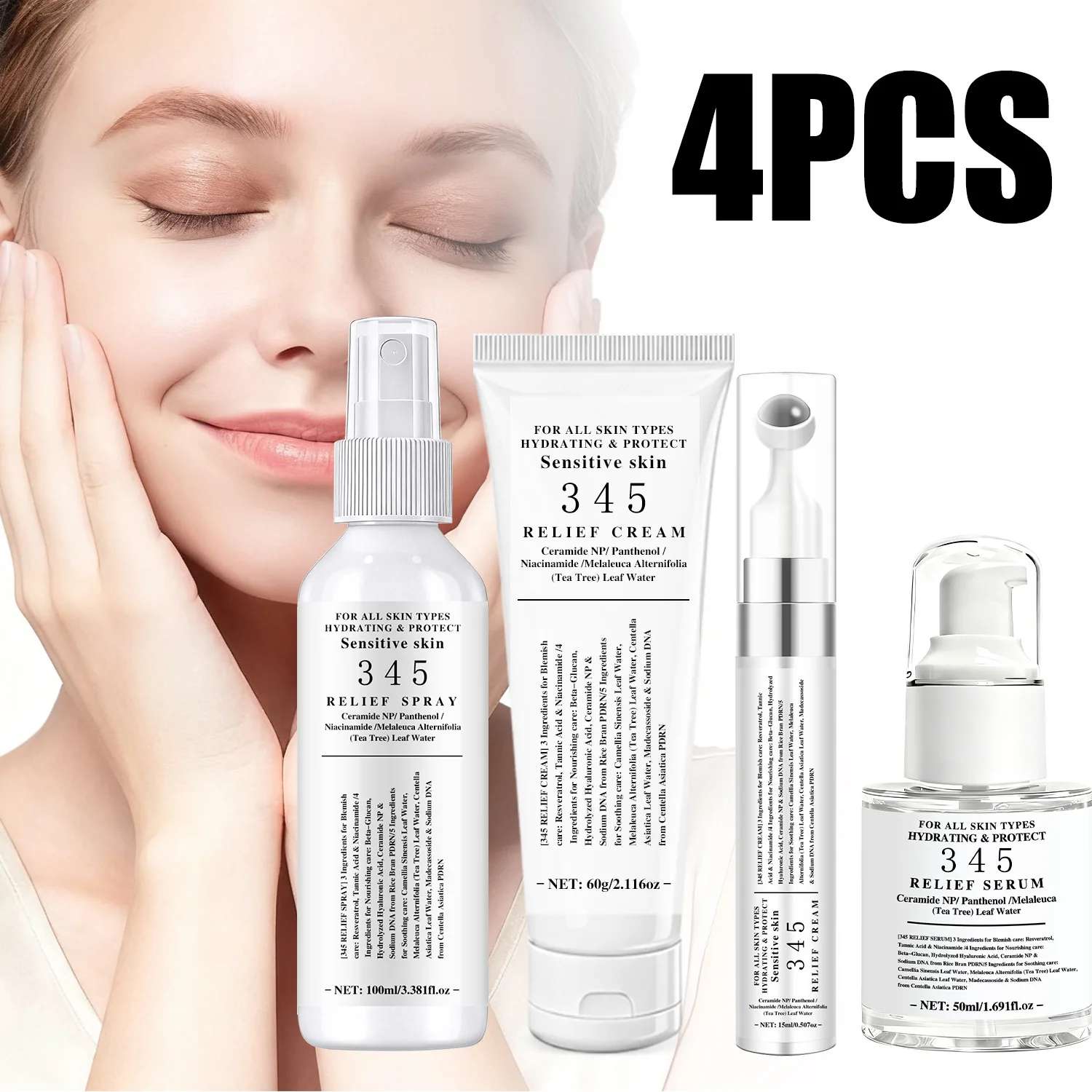 345 Relief Skincare Set 4PCS - With Ceramide, Panthenol & Niacinamide - Hydrate & Soothe Sensitive Skin