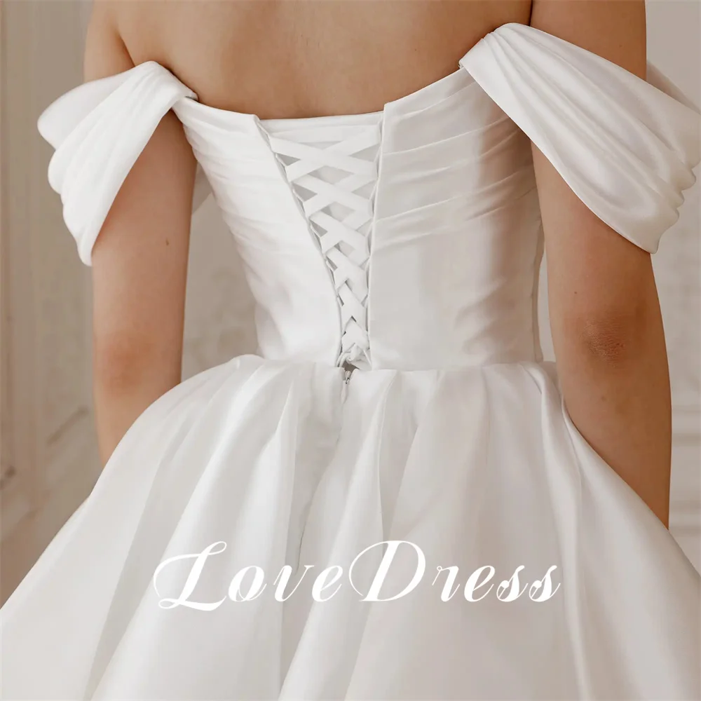 Customized Love Simple Off Shoulder A-Line Short Stain Wedding Dresses Elegant Above Knee Pleats Mini Back Lace Up Bridal Gown