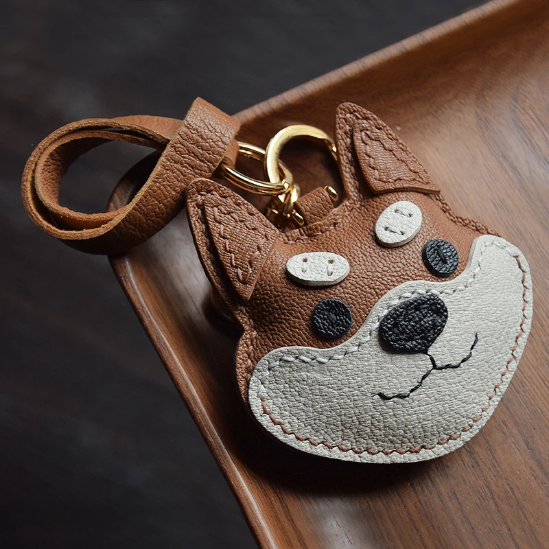 French fighting dog Shiba Inu original handmade leather bag keychain simple and cute Christmas gift keyring