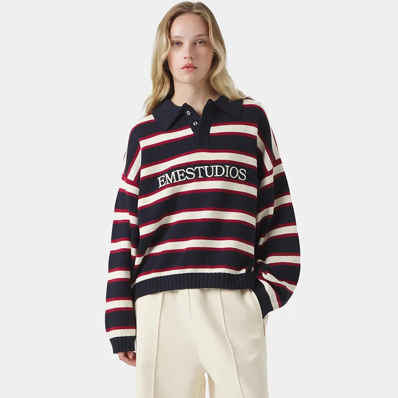 Eme Studios بولو متماسكة سترة للجنسين القطن سميكة البلوز الخريف الشتاء الرجال النساء معطف فضفاض كم طويل تريكو شريط القمم #2