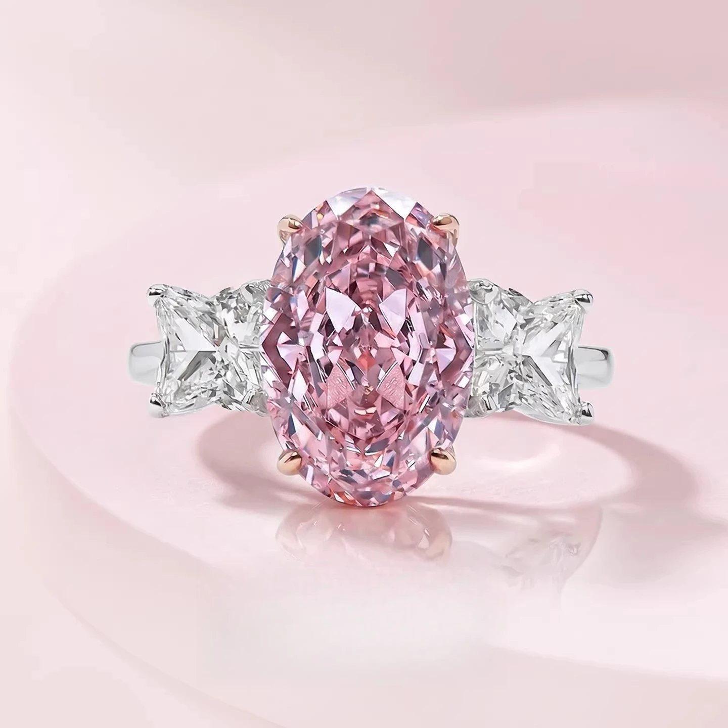 S925 Silver Ring 8 * 12mm Elliptical Zircon Powder Ice Flower Cut Ring Sweet Wind Jewelry